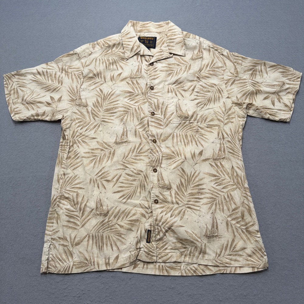 Woolrich Hawaiian Shirt Men's XL Tan Tropical Palm Sailing Button Down John Rich